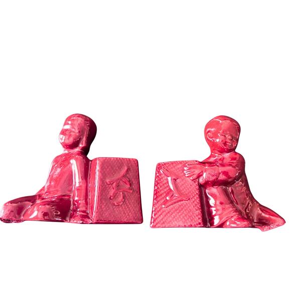 Vintage Red Glazed Ceramic Boy & Girl Planter Pair – Oriental Style Bookends - Picture 5 of 8